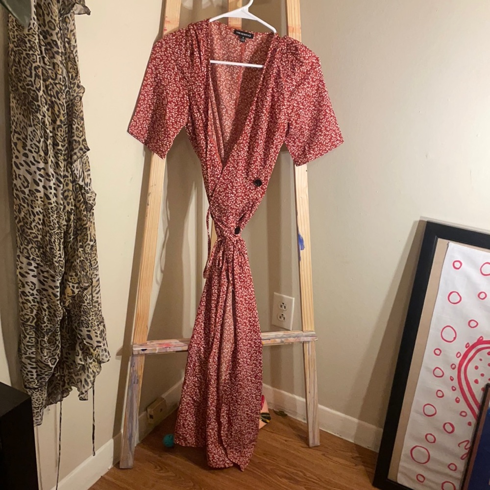 Long flora burnt red orange wrap button dress